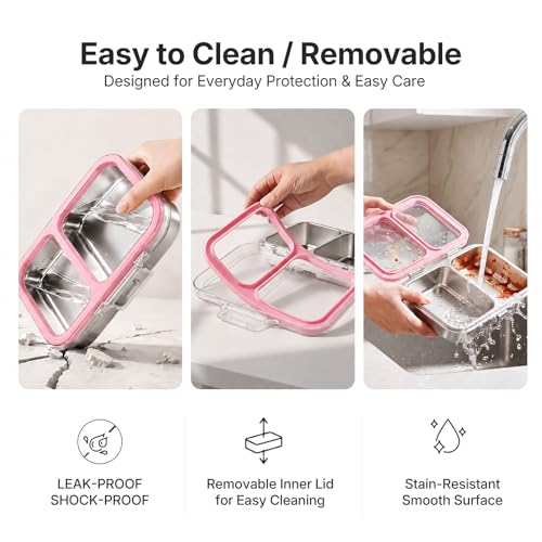 Leak-Resistant 18/8 Stainless Steel Bento Lunch Box Kids 7+ and Adults | 2 Swappable Style Accessories, BPA-Free Tritan Lid, Dishwasher Safe, School, Office & Travel - color: Pink