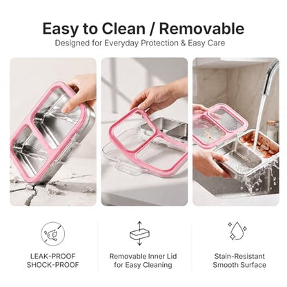 Leak-Resistant 18/8 Stainless Steel Bento Lunch Box Kids 7+ and Adults | 2 Swappable Style Accessories, BPA-Free Tritan Lid, Dishwasher Safe, School, Office & Travel - color: Pink
