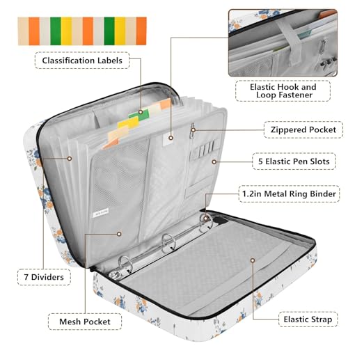 White Floral 3 Ring Zipper Binder Accordion File Organizer Expanding File Folder Expandable for Documents A4 Letter Size