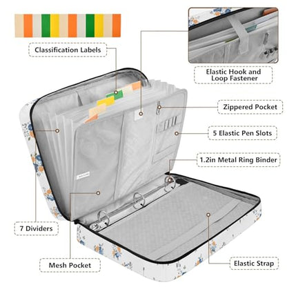 White Floral 3 Ring Zipper Binder Accordion File Organizer Expanding File Folder Expandable for Documents A4 Letter Size