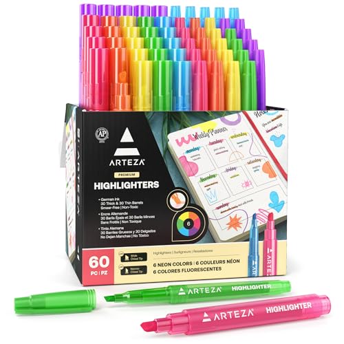 ARTEZA Highlighters, Bulk Set of 60 Neon Colors with Broad & Narrow Chisel Tips, Quick-Dry Smear-Resistant Ink for Office, Journaling, Planning & Notes