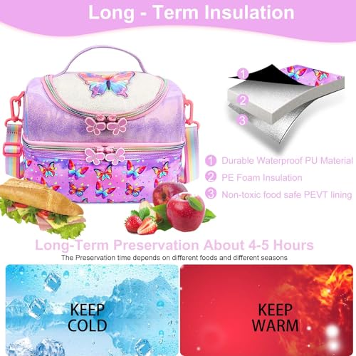 RHCPFOVR Kids Lunch Bag - Double - Decker Cooler Insulated Lunch Box for Boys Girls Women,Washable Lunch Bag with Strap and Reusable Toddler Lunchbox for School and Daycare - color: Purple Butterfly 1