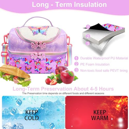 RHCPFOVR Kids Lunch Bag - Double - Decker Cooler Insulated Lunch Box for Boys Girls Women,Washable Lunch Bag with Strap and Reusable Toddler Lunchbox for School and Daycare - color: Purple Butterfly 1