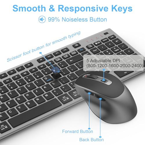 FENIFOX Wireless Keyboard and Mouse, Rechargeable USB C Combo Silent Quiet Compact Full Size Flat with Number Pad Soft Cover for Mac MacBook iMac Windows PC Laptop Computer Office - Black & Grey - color: Black Grey