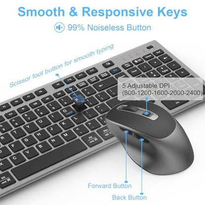 FENIFOX Wireless Keyboard and Mouse, Rechargeable USB C Combo Silent Quiet Compact Full Size Flat with Number Pad Soft Cover for Mac MacBook iMac Windows PC Laptop Computer Office - Black & Grey - color: Black Grey