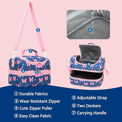 Insulated Kids Dual Compartment Lunch Bags Tote for Girls Boys Toddler Lunch Boxes Pre-School Toddler Kindergarten Picnic Camp Food Cooler Thermal with Strap (ZPINK‌BTFLY) - color: ZPINK‌BTFLY