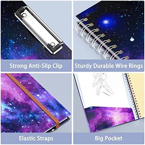 Rimilak Spiral Clipboard Folio with Refillable Lined Notepad, 14.5 x 9.8 In, Hardcover Cover with 5 Interior Pockets, Elastic Band and Pen Loop Series. Cute Stylish Clipfolio, Galaxy - color: Galaxy