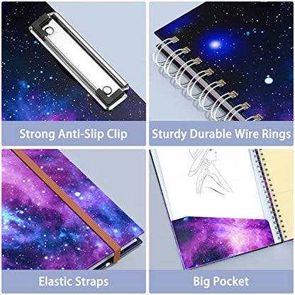 Rimilak Spiral Clipboard Folio with Refillable Lined Notepad, 14.5 x 9.8 In, Hardcover Cover with 5 Interior Pockets, Elastic Band and Pen Loop Series. Cute Stylish Clipfolio, Galaxy - color: Galaxy