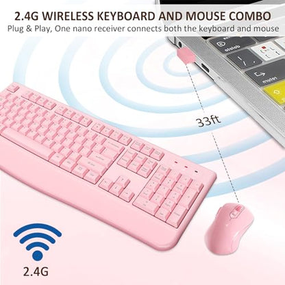 Wireless Keyboard and Mouse Combo, EDJO 2.4G Full-Sized Ergonomic Computer Keyboard with Wrist Rest and 3 Level DPI Adjustable Wireless Mouse for Windows, Mac OS Desktop/Laptop/PC (Pink) - color: Full Pink