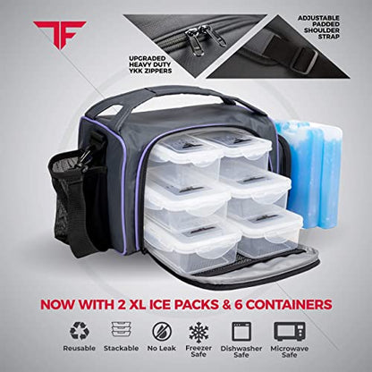 Insulated Meal Prep Lunch Box with 6 Containers, 2 Ice Packs, Purple | Leak-Proof BPA-Free Containers, Shaker Cup, Pill Organizer, Microwave and Freezer Safe, for Work and Gym, ThinkFit - color: Purple