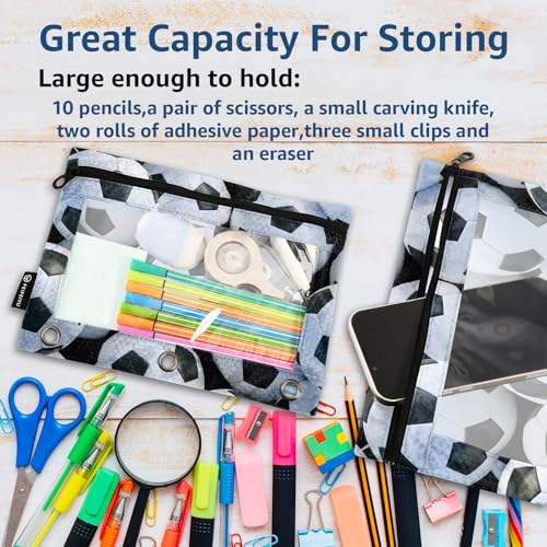 Soccer Pencil Pouch For 3 Ring Binder Clear Window Pencil Case For 3 Ring Reinforced Grommets With Zipper, 2 Pack - color: Soccer