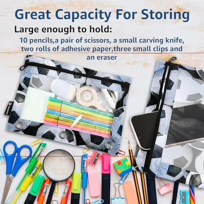 Soccer Pencil Pouch For 3 Ring Binder Clear Window Pencil Case For 3 Ring Reinforced Grommets With Zipper, 2 Pack - color: Soccer