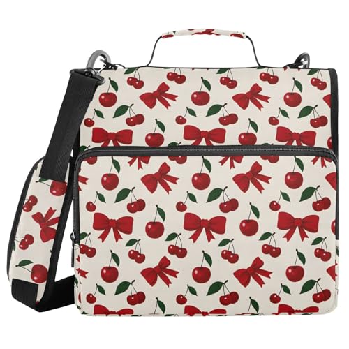 Red Cherry Bow Zipper Binder 3 Ring with Handle and Shoulder Strap, 500 Sheet Binder Organizer Capacity & Multi-Pockets for School Office - color: A6114