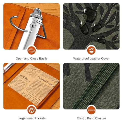 Ovesmusl 2 Pack Leather D Ring Binder Fits 8.5"x11" Letter Size Paper, 2 Inch D-Ring Binders Holds 550 Sheets, Notepad Paper Cover Loose Leaf Organizer with Inner Pockets, Green and Brown - color: Green+brown, size: 2 inch, style: 2 Pack