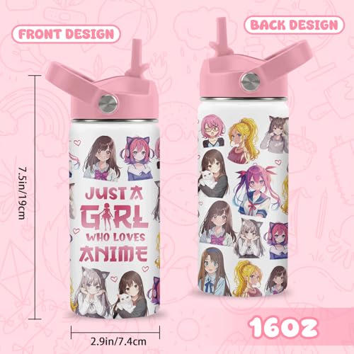 Anime Gifts for Women Girls, 16oz Stainless Steel Insulated Water Bottle with Straw Lid, Just A Girl Who Loves Anime Cup Tumbler Birthday Gifts for Kids Teen Girls School - color: Anime
