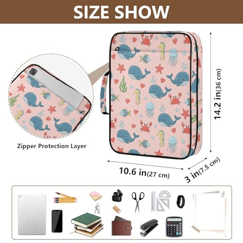 3-Hole Ring Binder Organizer Bag with 7-Pocket Accordion Divider Cute Sea Animals Whales Document Storage Bag with Mesh Storage Pouch