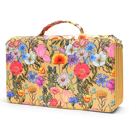 Vomgomfom 300 Slots Marker Bag, 4-Layer Zipper Portable Art Supply Organizer, PU Leather Large Capacity Marker Case Holds 100 Markers or 300 Colored Pencils with Handle (Yellow Flower) - color: H Yellow Flower, size: 300 Slots