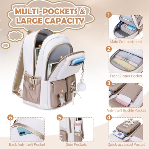 ACESAK Kids School Backpack for Girls, 4-In-1 Bookbag Backpack Set with 14OZ Insulated Kids Water Bottle (Beige Khaki) - color: Off-white-to-khaki Gradient
