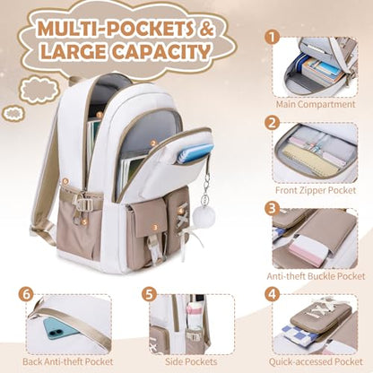 ACESAK Kids School Backpack for Girls, 4-In-1 Bookbag Backpack Set with 14OZ Insulated Kids Water Bottle (Beige Khaki) - color: Off-white-to-khaki Gradient