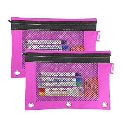 BAZIC PRODUCTS Bright Color 3-Ring Pencil Pouch with Mesh Window, 2-Pack | clear mesh window and a zipper closure for pens; pencils; supplies - color: Pink