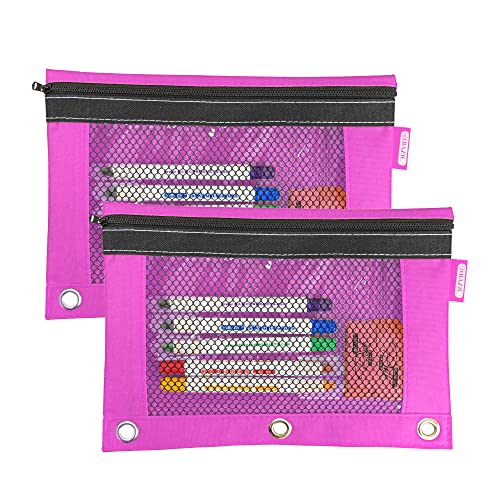 BAZIC PRODUCTS Bright Color 3-Ring Pencil Pouch with Mesh Window, 2-Pack | clear mesh window and a zipper closure for pens; pencils; supplies - color: Pink