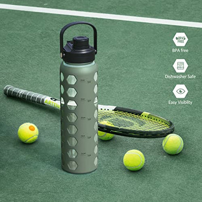 MUKOKO 24oz Glass Water Bottle, Olive | Glass Tumbler with Straw, Drinking Bottles with 2 Lids-Handle Spout Lid & Bamboo Straw Lid, Silicone Sleeve, 1 Pack - color: Olive, size: 24 Ounces