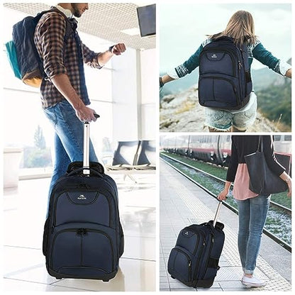 MATEIN Backpack with Wheels, Travel-friendly Rolling Laptop Backpack | Fit 17 Inch Notebook, Freewheel, Carry on Luggage Business bag, College Trolley Suitcase, Computer Bag, Compact, Blue - color: Blue, size: 17-inch