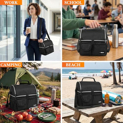 opux Insulated Lunch Bag Women Men, Dual Compartment Leakproof Lunch Box Adults Kids, Double Decker Meal Prep Bento Lunch Cooler Tote with Shoulder Strap for Work Office School Travel, Black - color: Black