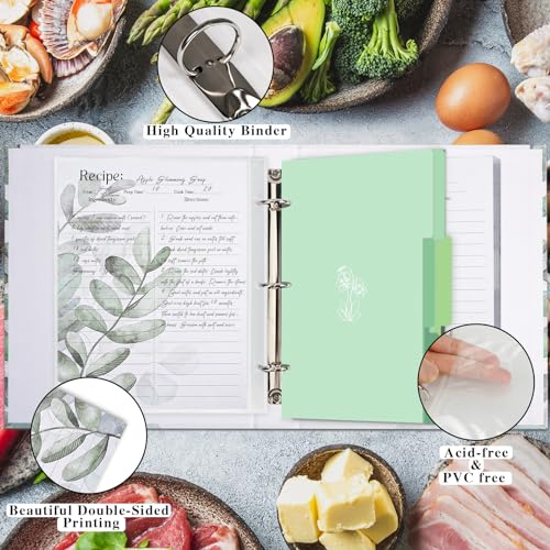 3 Ring Binder - 8.5x11, Full Page Recipe Binder Organizer Set with 25 Recipe Cards & 6 Divider Pages - color: Leaves, size: Large