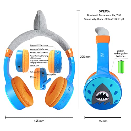 Kids Bluetooth Headphones Toddler Wireless/Wired Headphone with MIC Bluetooth 5.3 Stereo Sound Sharing Function Adjustable 85dB Safe Volume Limited SD Card Slot Kid Headset for Home School - style: Shark