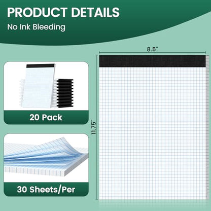 Graph Paper 8.5 X 11, 20 Pack, 4x4 Quad Ruled, Grid Paper Pad 8-1/2" X 11.75", Grid Pad 8.5 X 11.75, Engineering Notebook, Easy Tears Off, White 70 Gsm Graft Paper - style: 20 Pack
