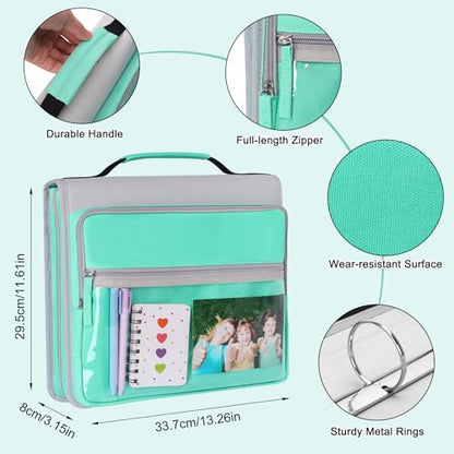 Ndsox Zipper Binder 3 Ring with Handle, 2 Inch O-Ring Document Organizer Middle School Binder with Zipper for Students, 5-Tab Expanding File Folder & 2 Mesh Pouches, DIY Clear Front Pocket, Mint Green - color: Mint Green