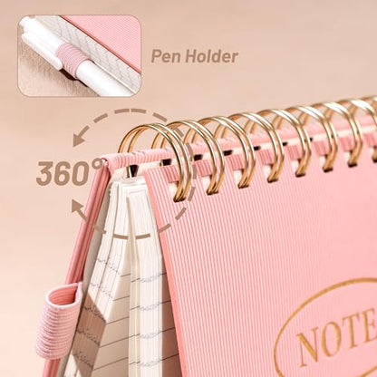 Yoment 탑 스프링 노트 240페이지 가죽 스테노 패드 15.2 x 22.9cm(6 x 9인치) 상단 바운드 나선형 메모장 100 GSM 대학 유선 노트북 왼손잡이 노트, 직장 학교 사무실용, 핑크 - color: 핑크