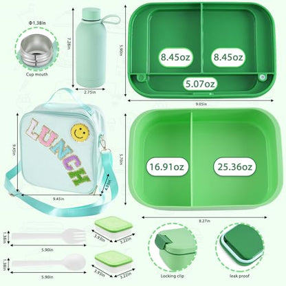 Bento Lunch Box Set for Kids - Green Nylon insulated Lunch Bag with 12oz Thermos, Leak-Proof Containers, Adjustable Strap, Birthday Gifts for Girls School Travel Picnic (Ages 3-15) - color: Green Set
