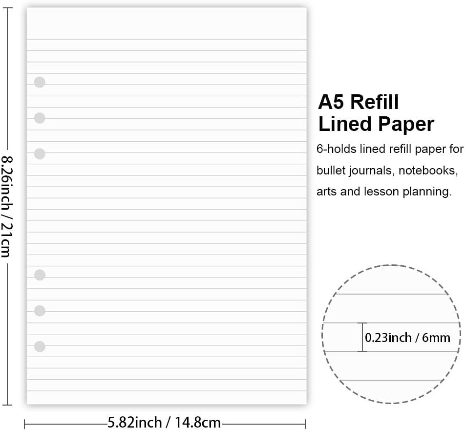(5 Pack) A5 Lined Refills Paper for Filofax Planner/Binders/Organizer, 6 Hole Punched, Total 500 Sheets/1000 Pages, 100gsm, White, 5.8 x 8.2 Inch Filler Paper - size: 500 Sheets