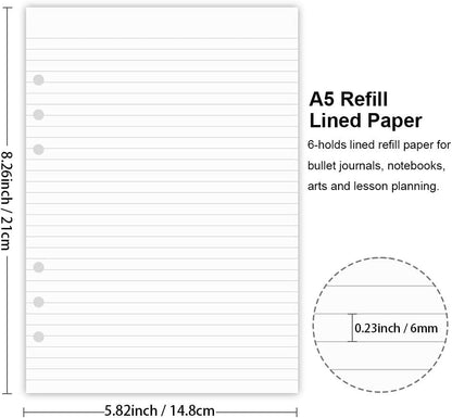 (5 Pack) A5 Lined Refills Paper for Filofax Planner/Binders/Organizer, 6 Hole Punched, Total 500 Sheets/1000 Pages, 100gsm, White, 5.8 x 8.2 Inch Filler Paper - size: 500 Sheets