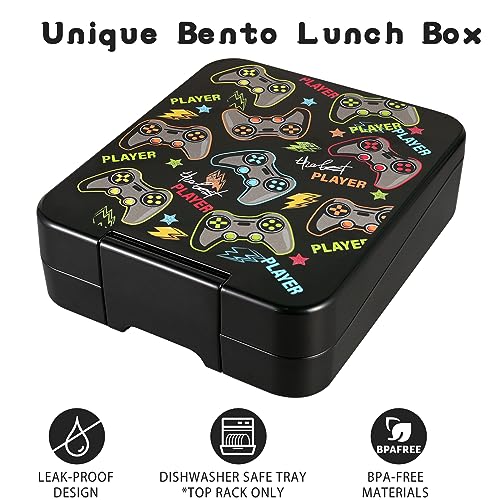 Bento Lunch Box Set for Kids with 10oz Soup Thermo, Leak-Proof Lunch Containers with 4 Compartment, Kids Thermo Hot Food Jar and Insulated Lunch Bag for Kid to School,BPA-Free(Black-Game Console) - color: Black-Game Console