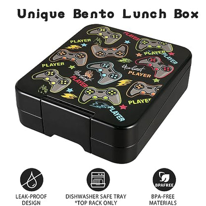 Bento Lunch Box Set for Kids with 10oz Soup Thermo, Leak-Proof Lunch Containers with 4 Compartment, Kids Thermo Hot Food Jar and Insulated Lunch Bag for Kid to School,BPA-Free(Black-Game Console) - color: Black-Game Console
