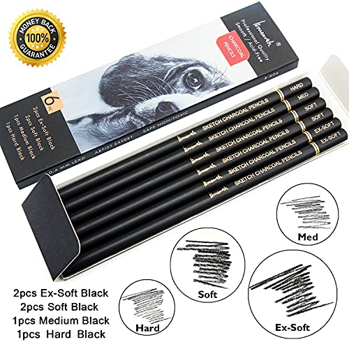 Brusarth Professional Charcoal Pencils Drawing Set - 6 Pieces Soft Medium and Hard Charcoal Pencils for Drawing, Sketching, Shading - color: Black