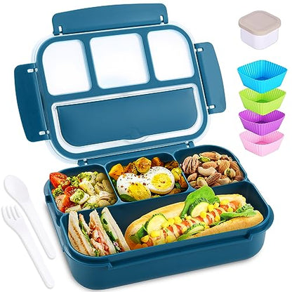 shell and turtle Bento Box Adult Lunch Box, Kids Lunch Containers for School with 4 Compartments, with Utensils, Sauce Jar, Muffin Liners, Microwave Safe, Navy - color: Navy