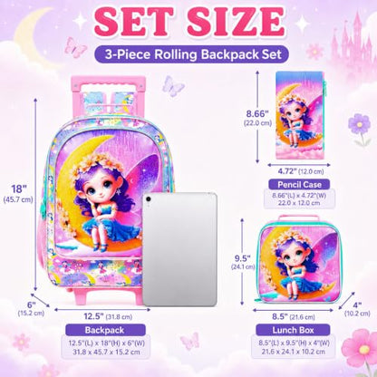 gxtvo Girls Rolling Backpack, Cute Moon Fairy Roller Wheels Kids Bookbag - Wheeled Elementary School Bag - 3PCS Moon Fairy - color: Moon Fairy With Purple Hair Rolling Backpack