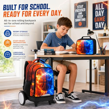 AGSDON Quiet Rolling Backpack with Lunch Box Set – Large‑Wheel Water‑Resistant Wheeled Bag for School, Outings, and Travel | Fire-Lightning Basketball 3‑Piece Organizer Backpack - color: Big Wheel Roller Bookbag Fire-lightning Basketball