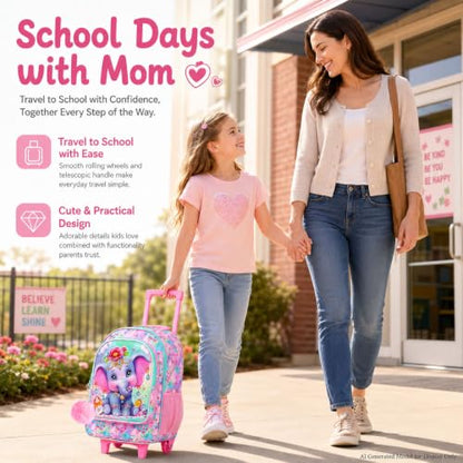 3Pcs Rolling Backpack for Girls, Elephant Roller Bookbag with Lunch Box, Kids School Backpacks with Wheels for Elementary Preschool(Pink) - color: Elephant Pink