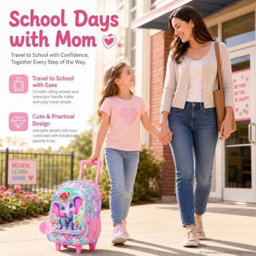 3Pcs Rolling Backpack for Girls, Elephant Roller Bookbag with Lunch Box, Kids School Backpacks with Wheels for Elementary Preschool(Pink) - color: Elephant Pink