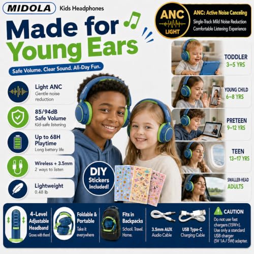 MIDOLA Kids Wireless Headphones Active Noise Cancelling Lightweight Bluetooth Headphone for Kid,Volume Limited 85/94dB Foldable Over-Ear Headset with Mic,68 Hours Playtime,for Toddler Child Green - color: Green