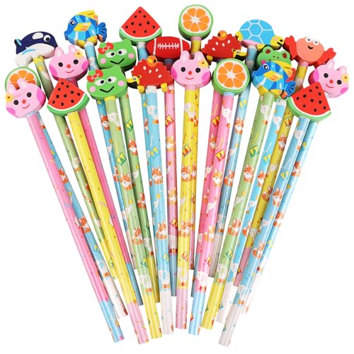 DERAYEE 24PCS Cute Pencils with Fruit Animal Top Eraser, Fun Wooden Pencil for Kids Students Reward Prize Classroom Party Favors