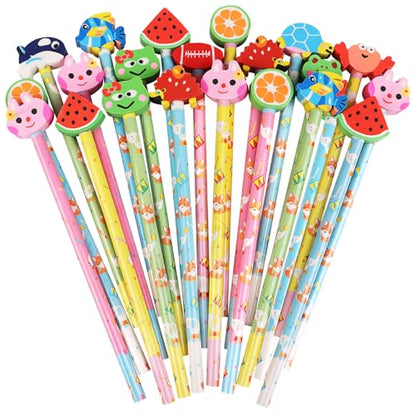 DERAYEE 24PCS Cute Pencils with Fruit Animal Top Eraser, Fun Wooden Pencil for Kids Students Reward Prize Classroom Party Favors