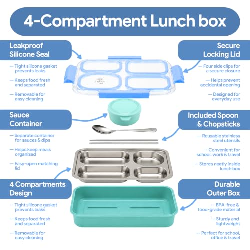 Large 10 x 7.5" Stainless Steel Bento Lunch Box with 4 Compartments Leakproof Lid BPA-Free 304 Stainless Steel Food Container That Keeps Food Separate for Adults and Kids School Office and Travel,Blue - color: Blue