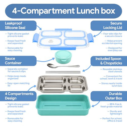 Large 10 x 7.5" Stainless Steel Bento Lunch Box with 4 Compartments Leakproof Lid BPA-Free 304 Stainless Steel Food Container That Keeps Food Separate for Adults and Kids School Office and Travel,Blue - color: Blue