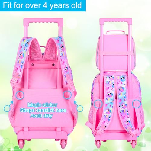 3Pcs Rolling Backpack for Girls, Owl Kids School Backpacks with Wheels, Roller Bookbag with Lunch Box for Elementary Preschool(Pink) - color: Owl Pink